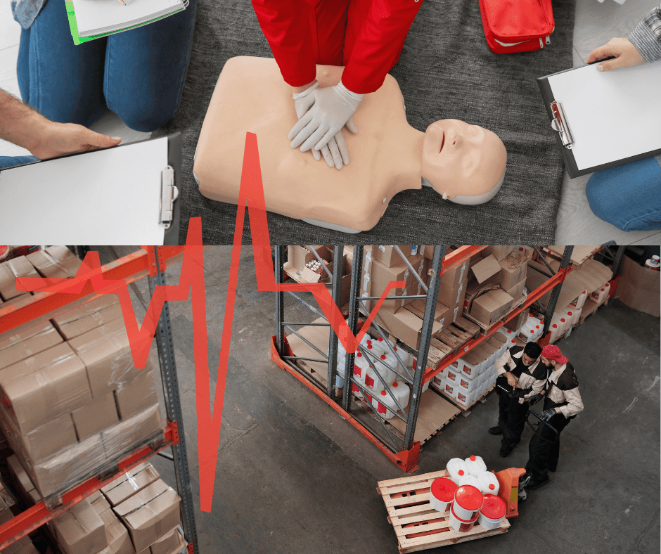 Performing CPR renewal training, including DRSABCD, on manikins at a manufacturing or warehouse facility
